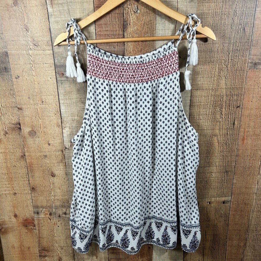 Old Navy XXL Boho Tank Top Gauze Smocked Tassel Tie Peasant Swing Plus